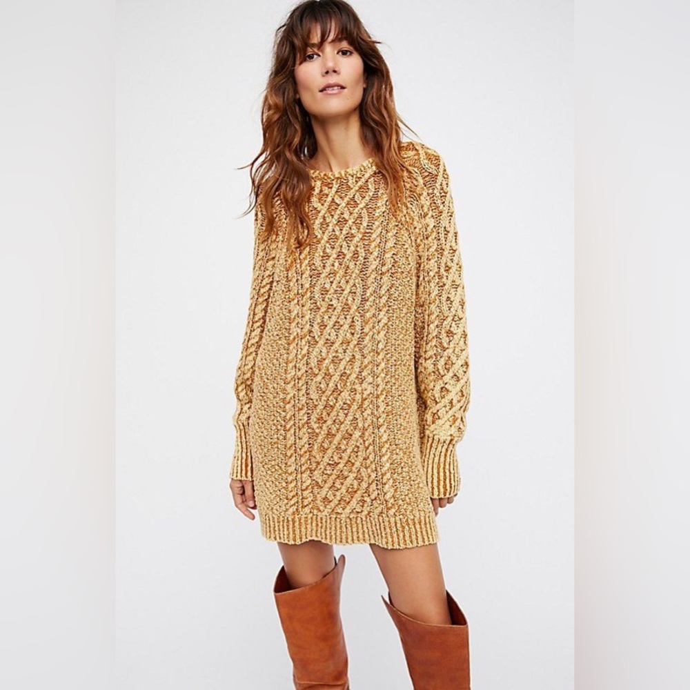 Free People Mustard Cable Knit Sweater Dress
